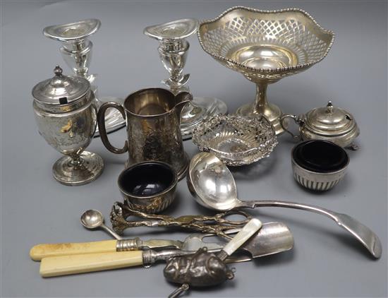 Mixed silver and plated ware including tazza, milk jug, condiments, basket etc.